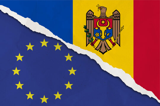 Moldova and European Union flag ripped paper grunge background. The concept of relationship between EU and Moldova