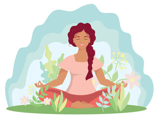 Obraz na płótnie Canvas A woman meditates in nature and leaves and the sunset. illustration for yoga, meditation, relaxation, relaxation, healthy lifestyle. Vector illustration in the style of a flat cartoon
