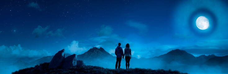 Magical Night Scene with Adult Man and Woman holding hands at Rocky Mountain Nature with Big Full Moon. Adventure Art 3d Rendering shore. Background Landscape from Alaska. Love, Relationship Concept