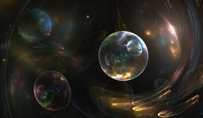 Fractal image with soap bubbles or colorful space background. Quantum physics. Glass balls or photon, atom, neutrino. Nanotechnology, nanocosmos, nanoworld. 3d illustration.