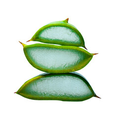 Aloe vera textured slices with sparking water or gel on white background