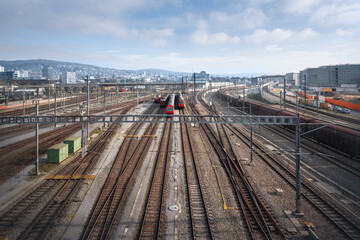 Fototapeta na wymiar Railway tracks and trains - Zurich, Switzerland