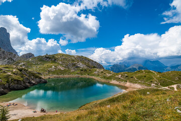 Naklejka na ściany i meble Dolomites. Monte Civetta and the Coldai lake. Dream summer