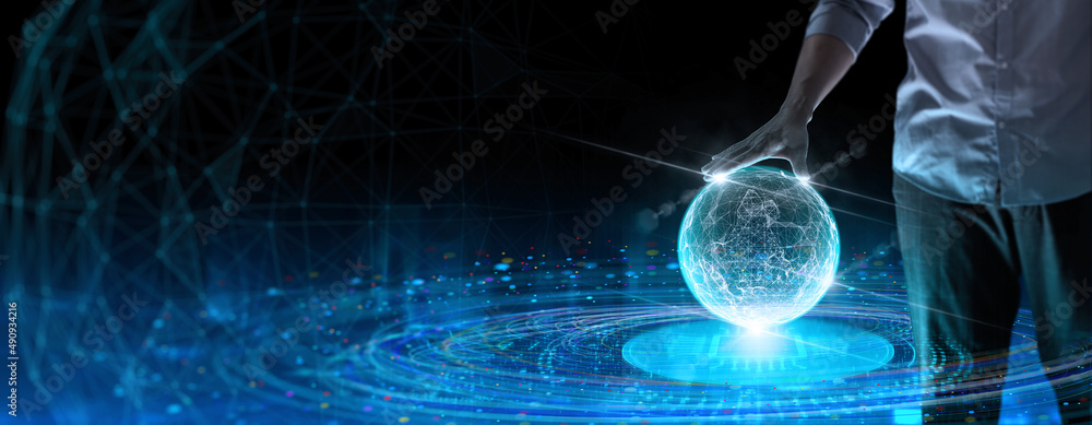 Poster businessman touching circle global network connection and data exchanges on dark background,Communication and technology concept.Business networking customer, Science, Innovation,future.