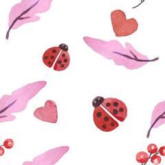 Seamless watercolor pattern on a white background. Ladybug and leaves.