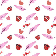 Seamless watercolor pattern on a white background. Ladybug and leaves.