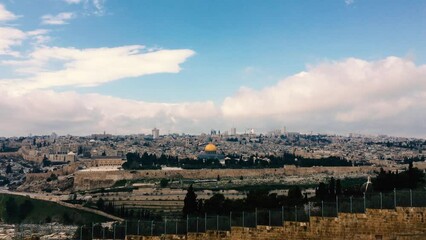 Hill top view of Jerusalem old city and Temple Mount: Dome of the Rock, Western Wall and Al Aqsa Mosque