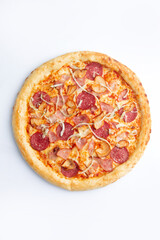 Big pizza with pepperoni, bacon and cheese on a white background.