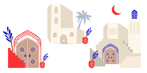 Moroccan scene set. A Moroccan mosque, doors, windows and traditional craftsmanship. Terracotta background. Modern and minimalist style. Vector illustration.