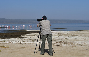 Fotograf fotografiert Flamingos in Afrika 