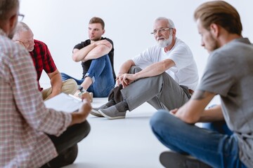 Fototapeta na wymiar During group psychotherapy men discover their hopes, fears, losses, frustrations, and traumas