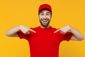 Professional fun delivery guy employee man in red cap T-shirt uniform workwear work as dealer...