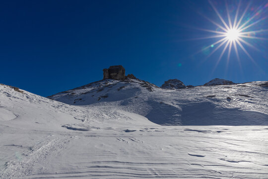 Snow covered Monte Castello in the Fanes Alps