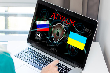 cyber attack with russian flag on ukraine, icons