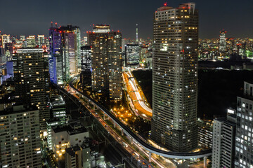 Fototapeta na wymiar Long exposure photo of the skyline of Tokyo at night.