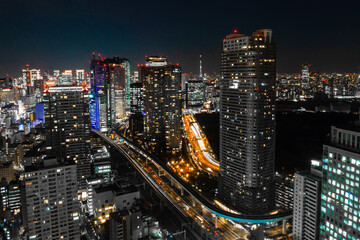 Naklejka premium Long exposure photo of the skyline of Tokyo at night.