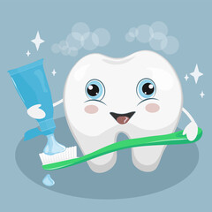 tooth with a toothbrush and toothpaste in his hands