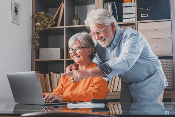 Elderly man and woman having fun using laptop at home office. Smiling old husband pointing finger and showing something online to wife typing on keyboard. Senior couple watching media content