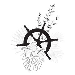 steering wheel and palm leaves