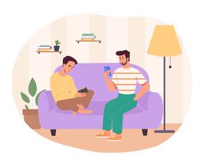 Men at phone. Dependence on gadgets and social networks, negative consequences of technology development. Friends in apartment, chatting in messengers, smartphones. Cartoon flat vector illustration