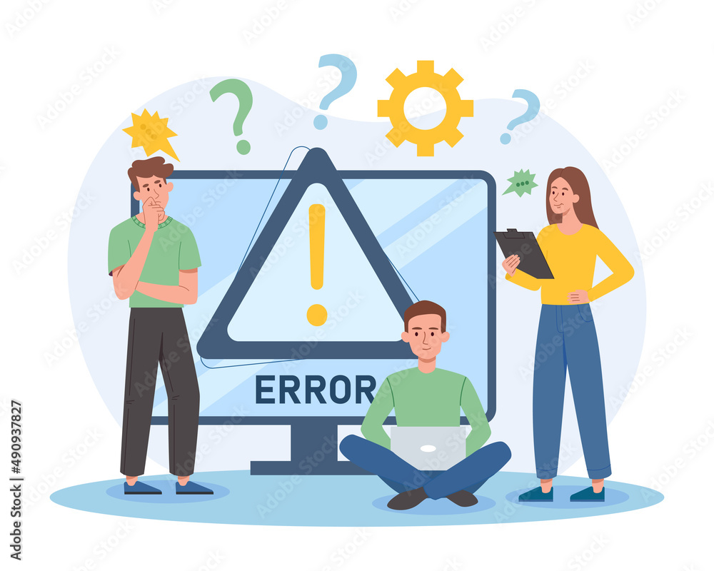 Poster operating system error. men and girl looking for error in code, technical problems. 404 page design.