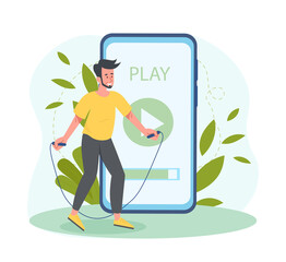 Online sports training. Man on skipping rope next to smartphone. Fitness and health care. Cardio workout, positive and optimistic character. Slimming training. Cartoon flat vector illustration