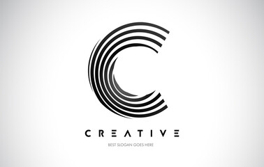 C Lines Warp Logo Design. Letter Icon Made with Black Circular Lines.