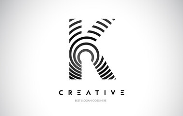 K Lines Warp Logo Design. Letter Icon Made with Black Circular Lines.