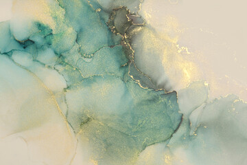 Art Abstract smoke painting blots horizontal copy space background. Alcohol ink blue and gold colors. Marble texture.