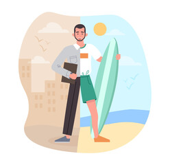 Rest or work. Man with mug of coffee or tea in suit in office and on beach in swimming trunks with board. Employee or surfer, dreams of holidays and vacations. Cartoon flat vector illustration