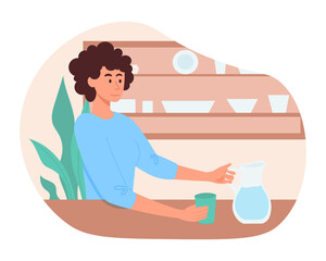 Woman with water. Girl in kitchen take glass of liquid. Hydration and health care. Morning rituals and routine. Fitness and active lifestyle. Character with decanter. Cartoon flat vector illustration