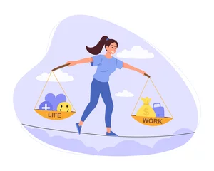 Foto op Canvas Work life balance. Girl chooses between career and personal life. Difficult decision, character balancing on thread. Mother or entrepreneur, hostess or businesswoman. Cartoon flat vector illustration © Rudzhan