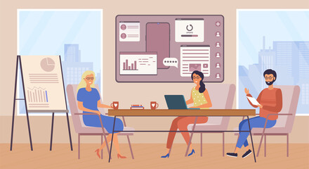 Business brainstorming concept. Man and girl sitting at laptop in office. Colleagues discuss new ideas, analytical department looking for ways to develop company. Cartoon flat vector illustration