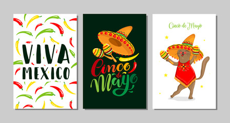 Cinco de Mayo logo design with lettering, and Mexican cat character wearing sombrero. Vector illustration EPS10