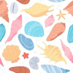 Seashells and starfish, clams, marine life background. Cartoon sea shell, clam, scallop, conch, mollusk, ocean vector seamless pattern