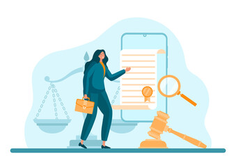 Concept of digital law. Woman with document and magnifying glass. Checking article, working with information, notary and jurisprudence. Certificate or contract. Cartoon flat vector illustration