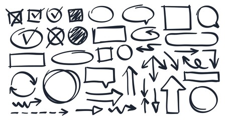 Hand drawn arrows, sketch shapes, lines, circles. Scribble sheck and cross marks, doodle speech bubbles, arrow doodles vector set