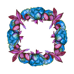 Floral spring frame hand drawn watercolor. Spring. Festive decoration. Frames of flowers and leaves. Botanical postcard.