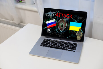 cyber attack with russian flag on ukraine, icons