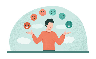Emotional balance concept. Man develops his emotional intelligence, definition of mood. Consciousness, self development and selfcontrol. Character juggles emoticons. Cartoon flat vector illustration
