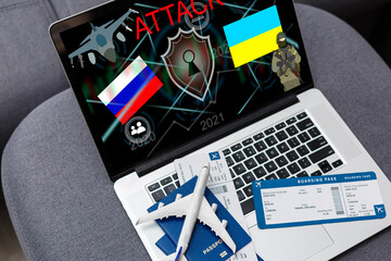 Computer hacker or Cyber attack concept background with Ukraine flag and the Russian bear-hacker