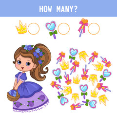 How many mirrors, wands and crowns does the cute little princess have? Counting educational kids game, kids math activity sheet. Cartoon colored vector illustration.