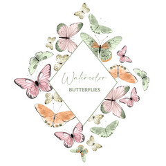 Frame with watercolor illustrated butterflies