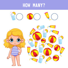 How many balls, sunscreen and lemonade does a cute little girl in a bathing suit have? Counting educational kids game, kids math activity sheet. Cartoon colored vector illustration.