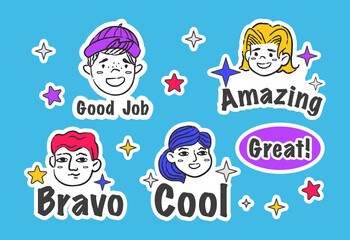Colorful set of stickers with praise