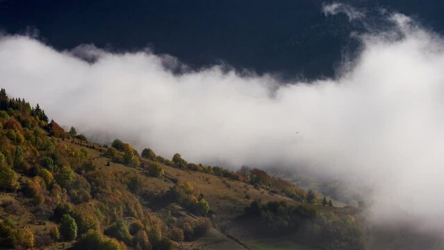 Fog in the valley in the mountain landscape. Gill leaves scraped to autumn tones. Morning light,mist