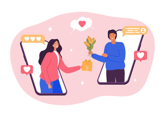 Online dating concept. Man from screen of smartphone gives flowers to girl. Modern technology and romantic meeting. Love, couple in love, social media and dating app. Cartoon flat vector illustration