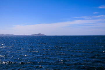 Blue seascape overlooking the coast of Turkey on a summer day.