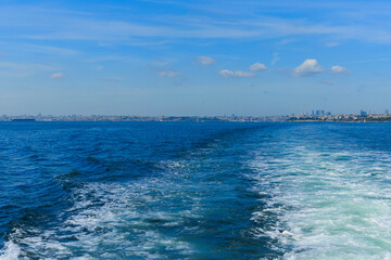 Blue seascape overlooking the coast of Turkey on a summer day.