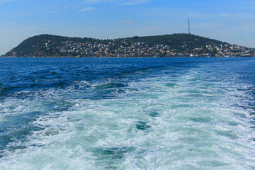 Blue seascape overlooking the coast of Turkey on a summer day.